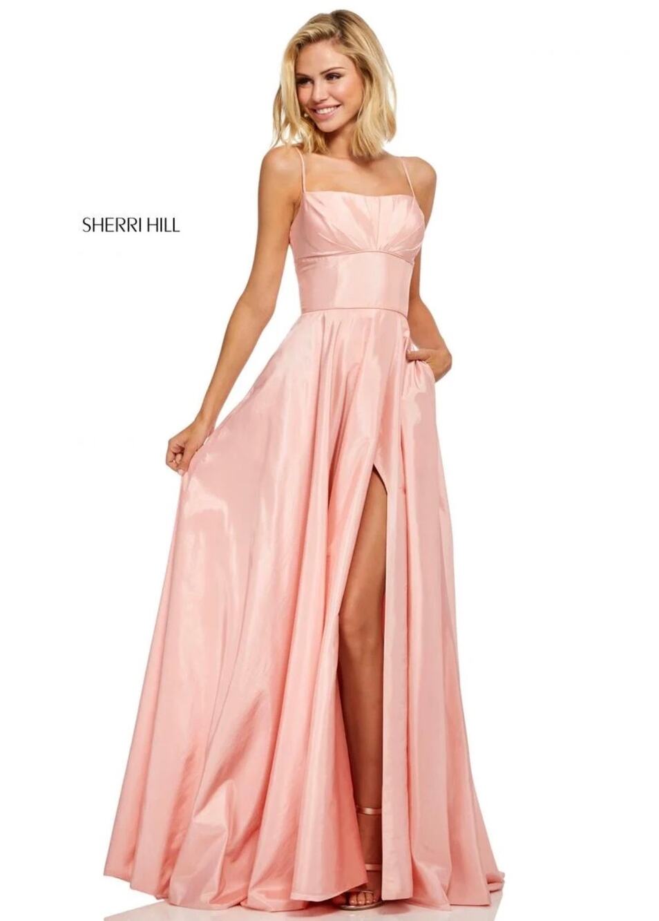 SHERRI HILL 52602 Taffeta A-Line Slit Skirt Maxi Prom Dress in Blush. Size 4